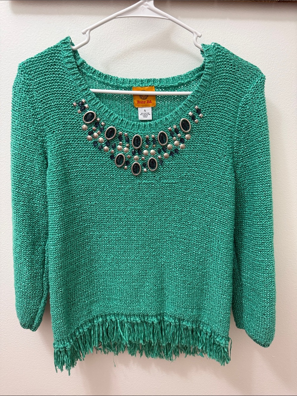 Ruby Rd. Teal Embellished Scoop-Neck Fringe Sweater